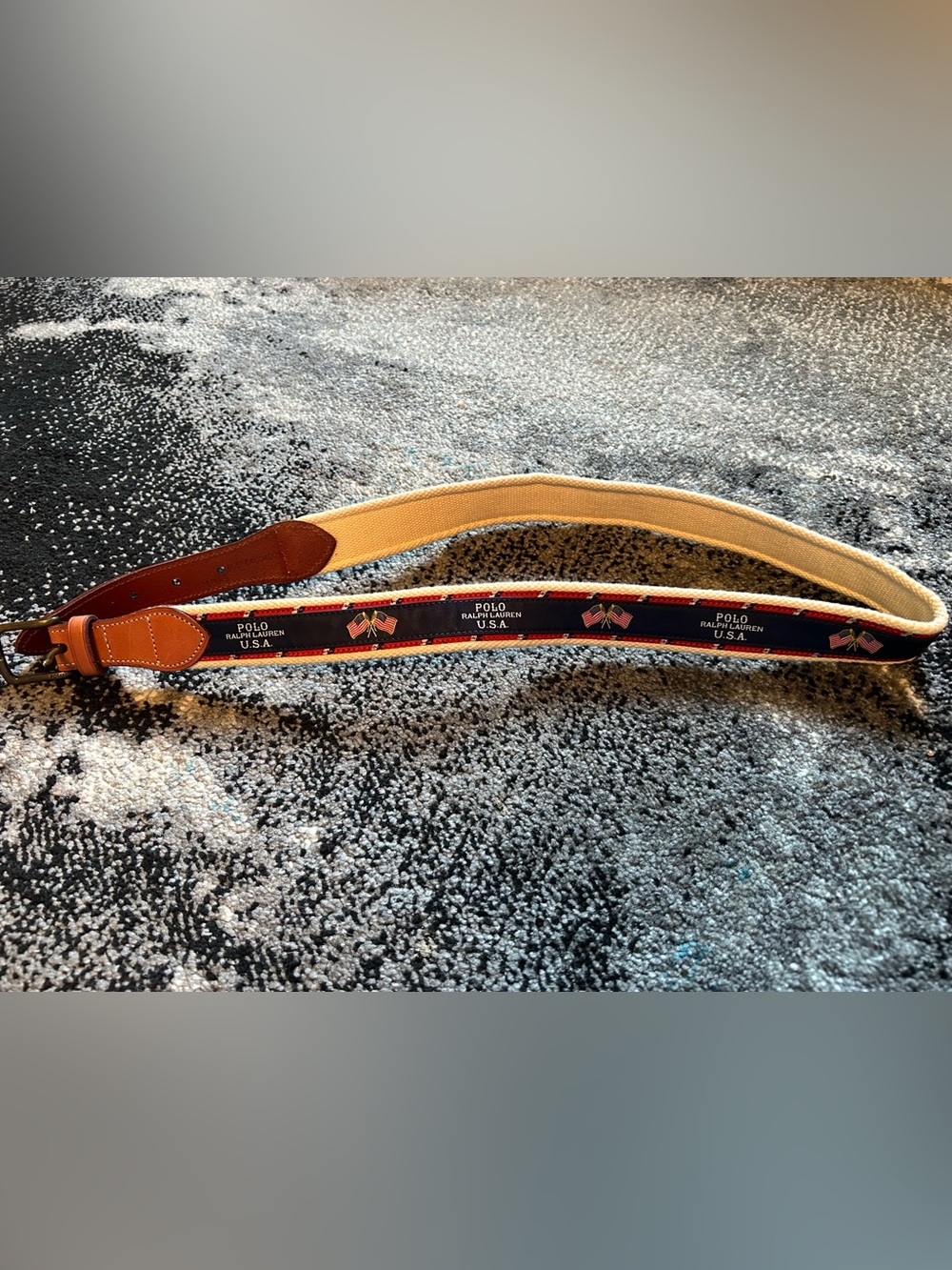 NWOT SZ 36 Polo Ralph Lauren USA double American flag Webbed Belt Brass Buckle